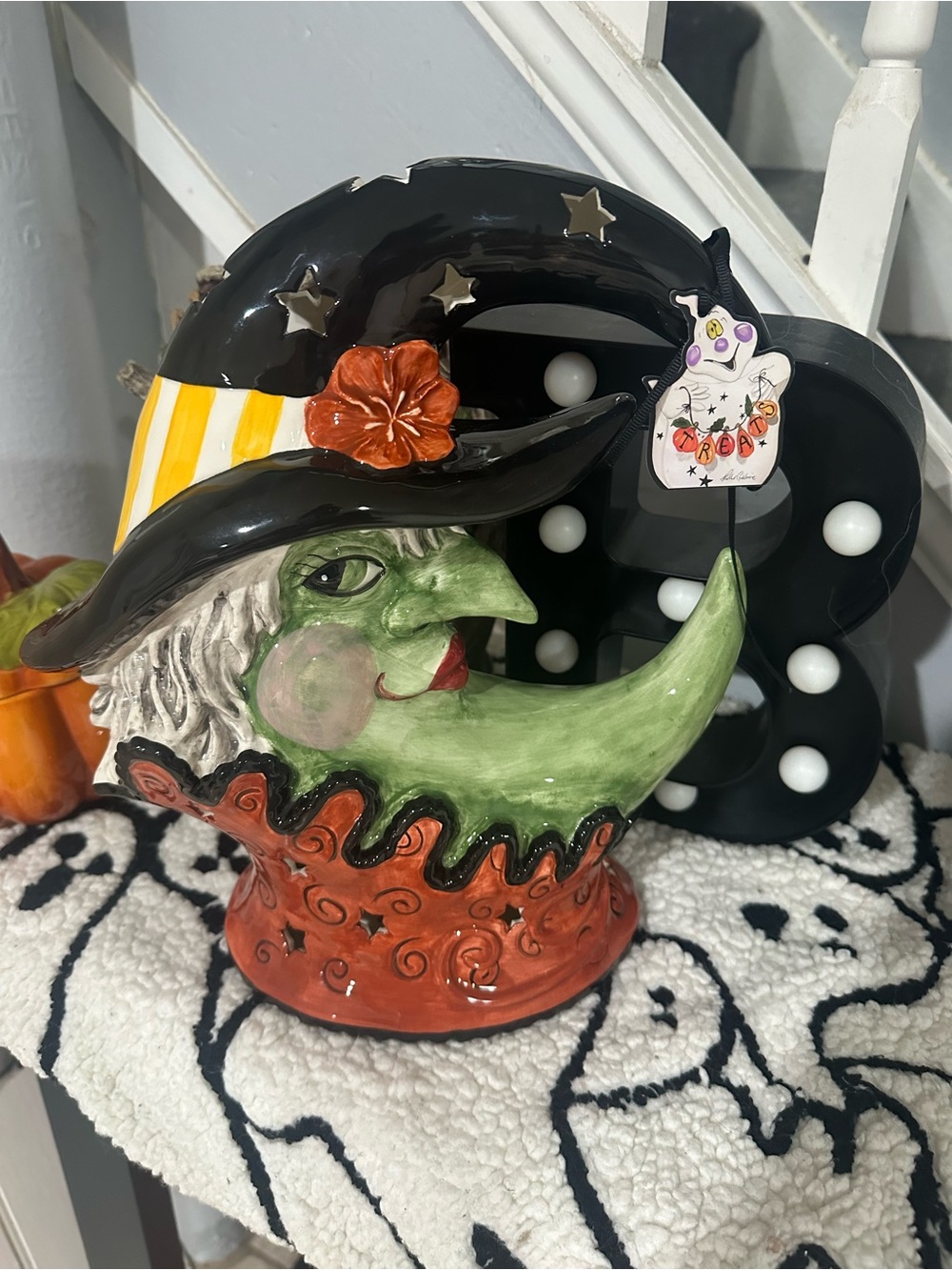 Blue Sky Crescent Moon Witch Halloween Ceramic Luminary